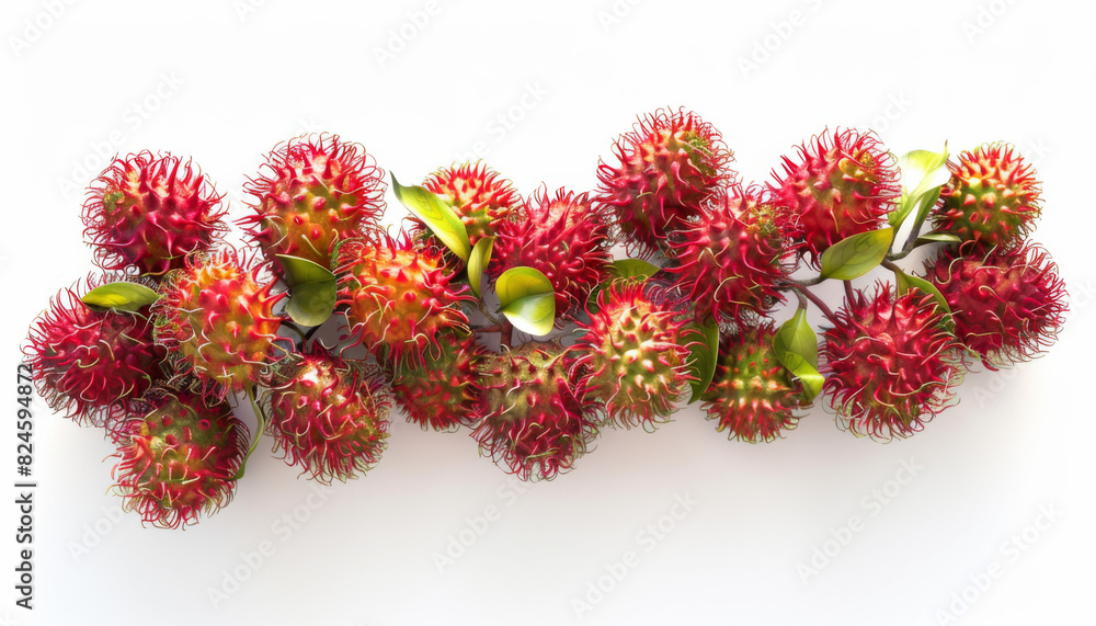 A bunch of red rambutans are lined up on a white background A bunch of red rambutans are lined up on a white background