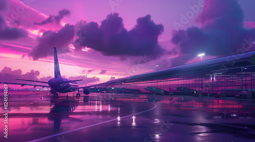 purple and pink sunset at an airport with a plane on the tarmac