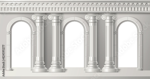 Roman arch with pillar. Greek palace building architecture vector. Classic white antique door frame for temple interior with column. Arc elements for vintage construction. 3d baroque greece colonnade photo