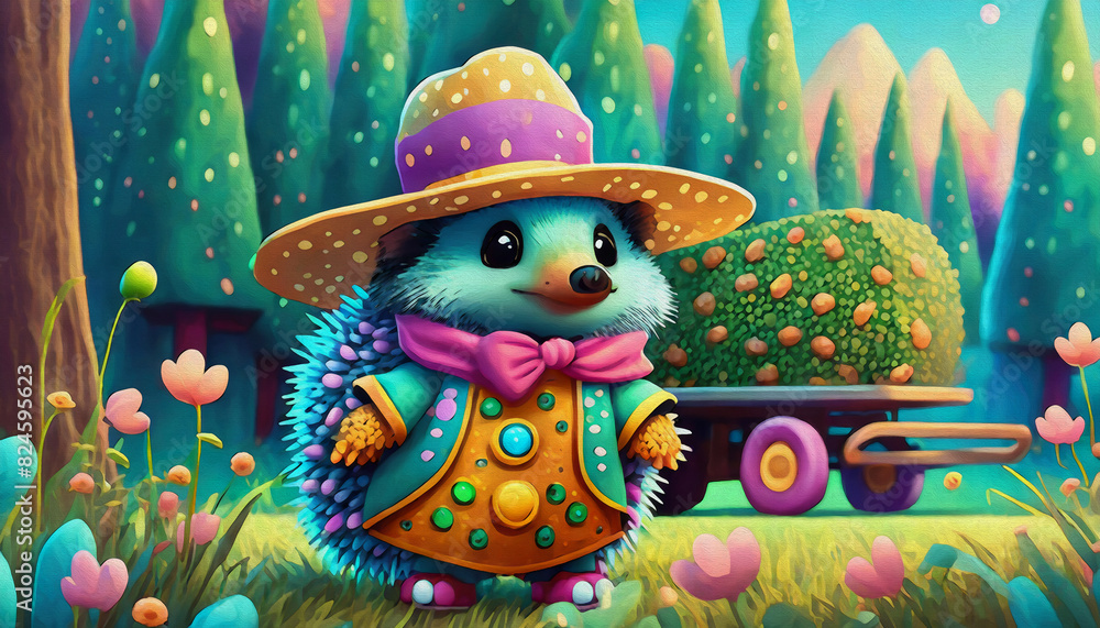 Fototapeta premium oil painting style cartoon character illustration Multicolored close up cute baby hedgehog in a farmer's costume,