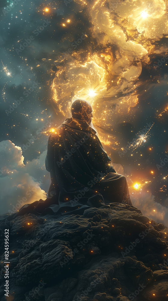 there is a man sitting on a rock in the middle of a galaxy
