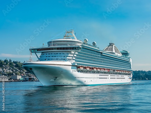 Large cruise ship sailing on calm waters with a clear blue sky and coastal town in the background. © cherezoff