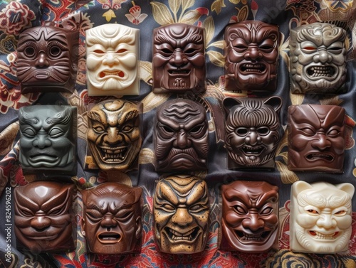 A variety of chocolate, Hannya mask, Japanese traditional masks in different shapes and colors, including dark and white chocolate, displayed on a vibrant, patterned cloth