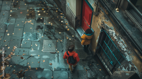 there is a person walking down a sidewalk with a backpack photo