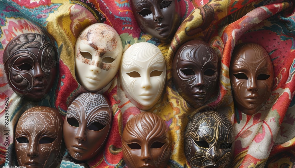 A variety of chocolate opera masks in different shapes and colors, including dark and white chocolate, displayed on a vibrant, patterned cloth A variety of chocolate opera masks in different shapes and colors, including dark and white chocolate, displayed on a vibrant, patterned cloth