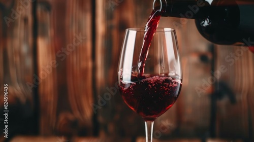 Pouring red wine into the glass against wooden blurred background. generative ai