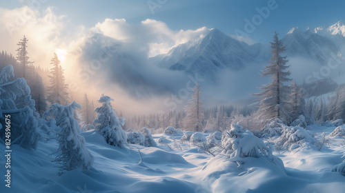 snowy mountain landscape with trees and snow covered ground © Spirited