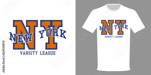 Vector illustration of New York Varsity League t-shirt. Typographic print of student t-shirt. University team uniform