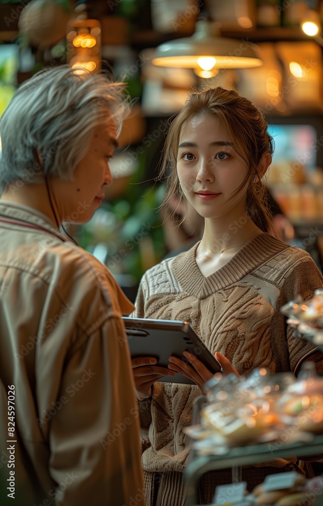 Asian female employee assists customer in cafe, using tablet and conversing with gray-haired man in beige shirt Asian female employee assists customer in cafe, using tablet and conversing with gray-haired man in beige shirt