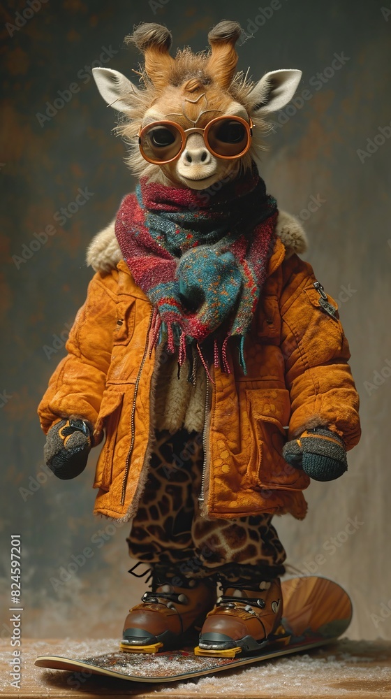 Anthropomorphic giraffe stuffed animal wearing a jacket and scarf