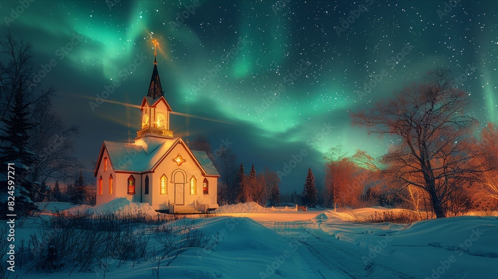 Warmly lit picturesque church against the backdrop of vibrant northern lights Warmly lit picturesque church against the backdrop of vibrant northern lights