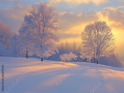 Serene winter sunrise casting golden light over snow-covered trees and fields, creating a tranquil scene. © cherezoff