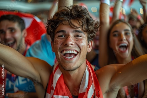 Olympic games Fan Reactions: Enthusiastic fans waving flags and cheering. 