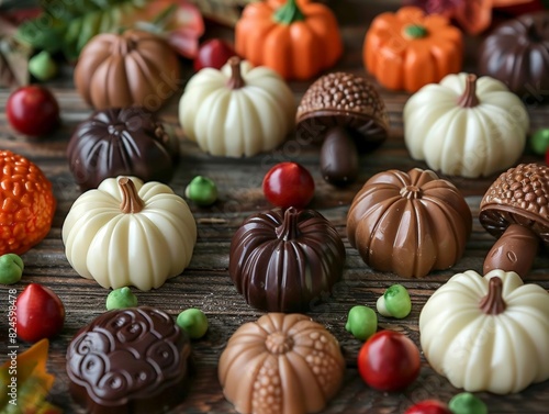 A whimsical assortment of chocolate vegetables with dark  white  and colorful variations  including shaped mushrooms  pumpkins  and peas  scattered on a wooden surface