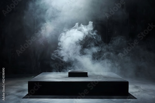 Dramatic Black Podium with Smoke and Spotlight photo