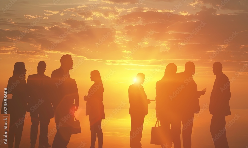 Fototapeta premium Silhouettes of group of business people against sunset comeliness