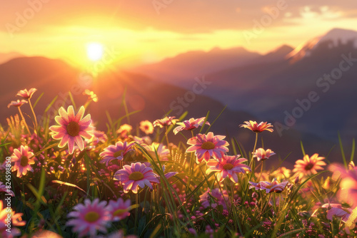 Sunset over the mountains, with daisies blooming on grassy slopes. The distant view of green hills and sky shows a beautiful sunset. Created with Ai