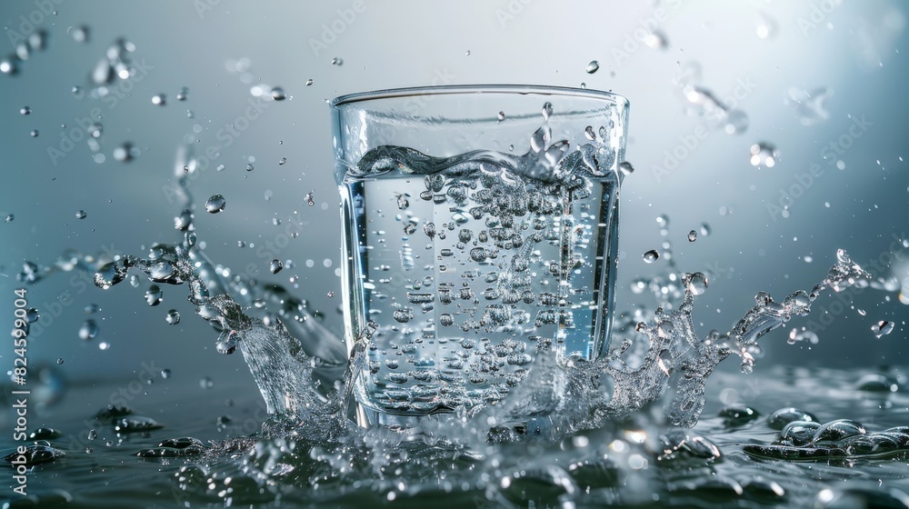 Fresh, clean water splashing as it pours into a glass, isolated background, high-quality studio lighting Fresh, clean water splashing as it pours into a glass, isolated background, high-quality studio lighting