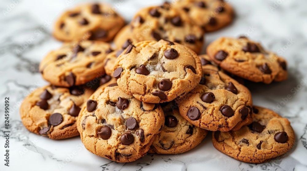 Fresh chocolate chip cookies in a delicious pile, on a glossy marble countertop, subtle shadows Fresh chocolate chip cookies in a delicious pile, on a glossy marble countertop, subtle shadows