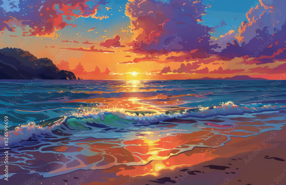 The beach under the sunset, with waves crashing on it and colorful clouds in the sky. Crated with Ai