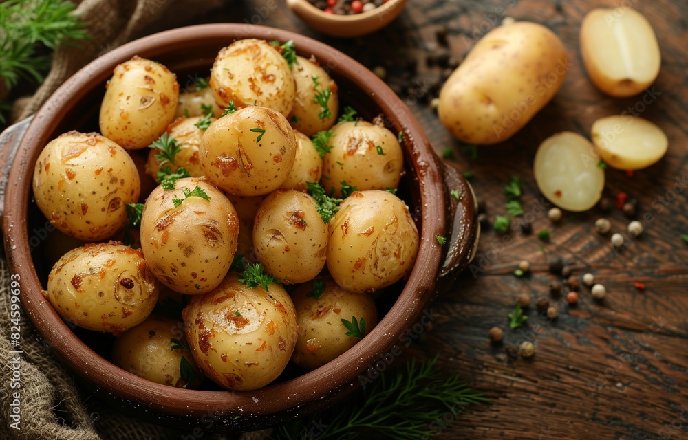 Potatoes arranged in a pot on brown surface, showcasing soil and sliced pieces Potatoes arranged in a pot on brown surface, showcasing soil and sliced pieces