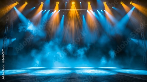 Empty Stage With Blue And Yellow Lighting In A Club Setting