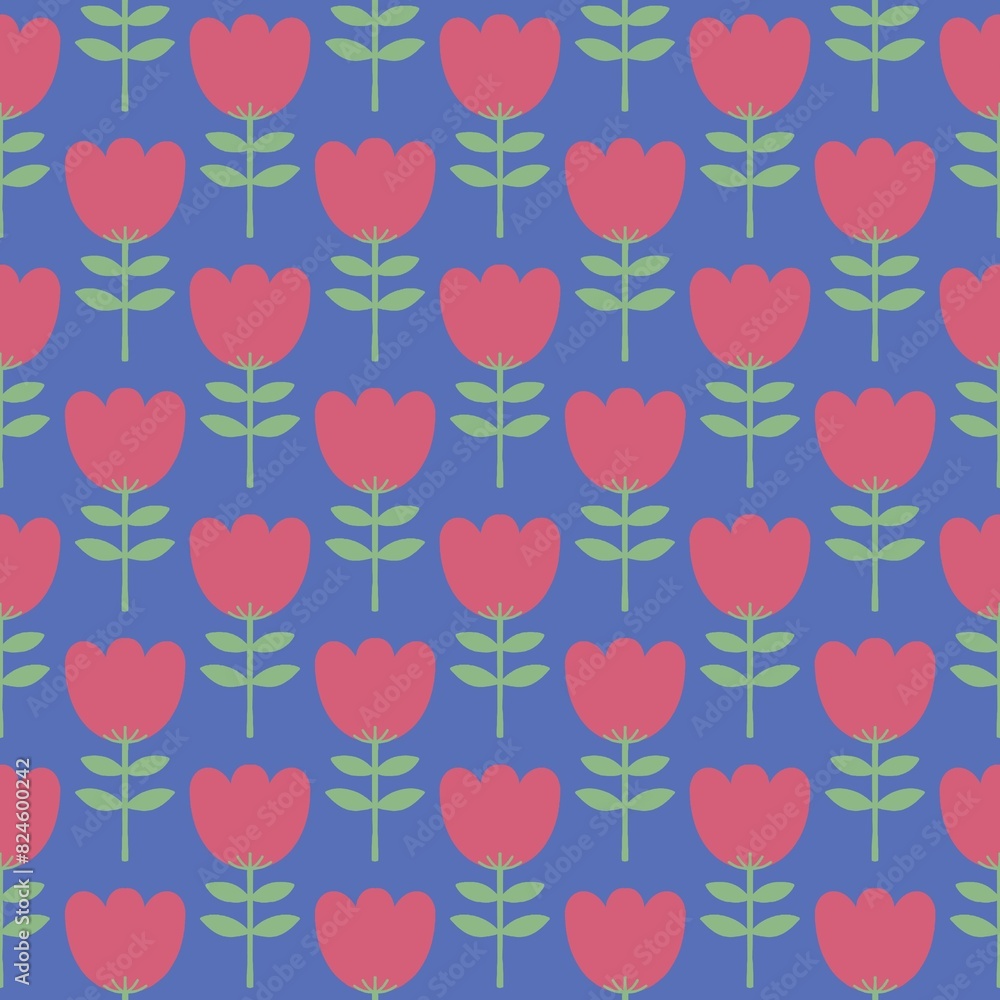 seamless pattern red flower and blue background