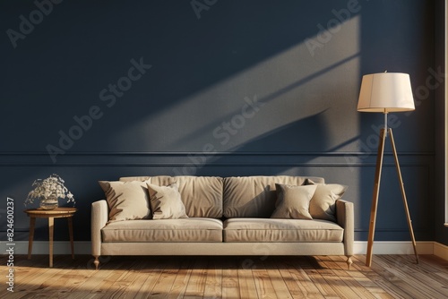 A living room with a sofa, coffee table and floor lamp against a dark blue wall. Brown wooden flooring photo