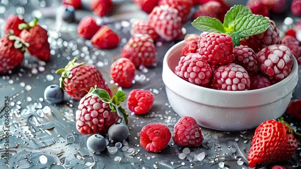Frozen mixed berries in a white bowl with ice crystals Frozen mixed berries in a white bowl with ice crystals