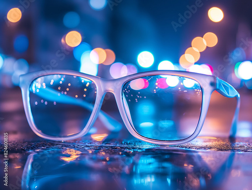 there is a pair of glasses sitting on a table with lights in the background photo