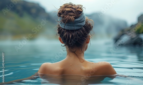 Beautiful girl having fun in a thermal bath against the backdrop of picturesque nature