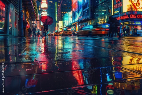 a bustling city  neon lights illuminate a rain-soaked street. Reflections dance on wet pavement as pedestrians hurry by  capturing the vibrant energy and dynamic atmosphere of urban life after dark