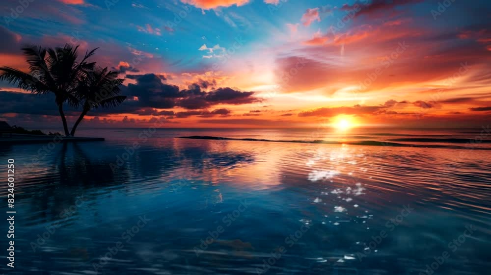 Sunset scene at a hotel with a swimming pool, animated virtual repeating seamless 4k Sunset scene at a hotel with a swimming pool, animated virtual repeating seamless 4k