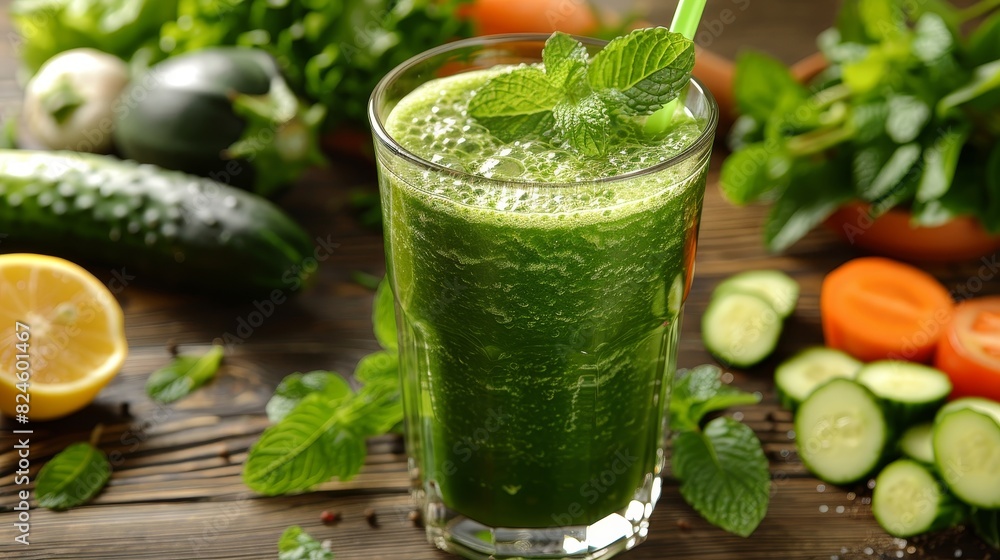 Freshly made green juice in a glass, garnished with mint leaves, surrounded by fresh vegetables and fruits Freshly made green juice in a glass, garnished with mint leaves, surrounded by fresh vegetables and fruits