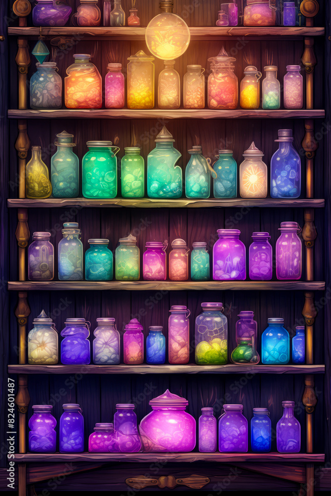 Shelf filled with lots of different colored jars and jars.