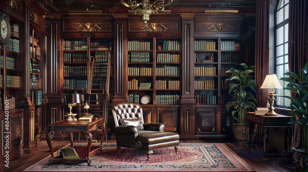 Traditional study with mahogany bookshelves, a leather wingback chair, and brass accents. 