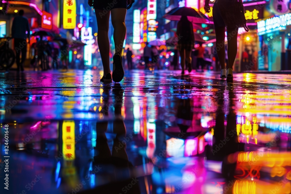 a bustling city, neon lights illuminate a rain-soaked street. Reflections dance on wet pavement as pedestrians hurry by, capturing the vibrant energy and dynamic atmosphere of urban life after dark