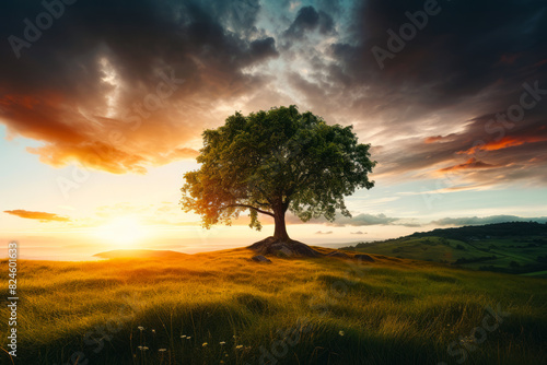 Tree on hill with sunset in the background.