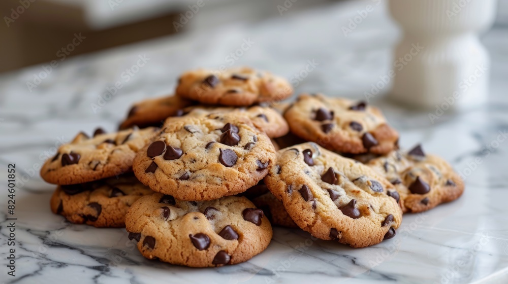 Freshly baked chocolate chip cookies in a cozy pile, rich textures on a polished marble countertop, slight warm lighting Freshly baked chocolate chip cookies in a cozy pile, rich textures on a polished marble countertop, slight warm lighting