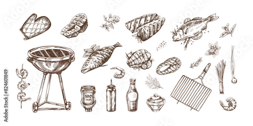 A set of hand-drawn monochrome sketches of barbecue and picnic elements, barbecue grill, tools, grilled fish, fish steaks. For the design of menu of cafes. Doodle vintage illustration.
