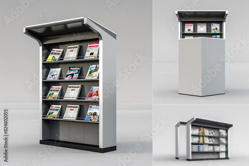 Sleek and simple 3D rendered newspaper stand, displayed from various angles. High-quality mockup for modern retail.