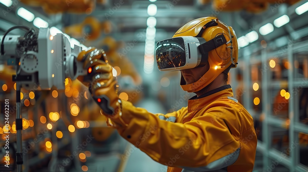 engineer using vr glasses for controlling the robotic welding arm in the factory production line illustration image engineer using vr glasses for controlling the robotic welding arm in the factory production line illustration image