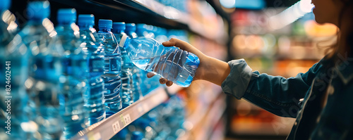Obraz na płótnie Woman hand taking plastic water bottle from shelf in supermarket. w salonie