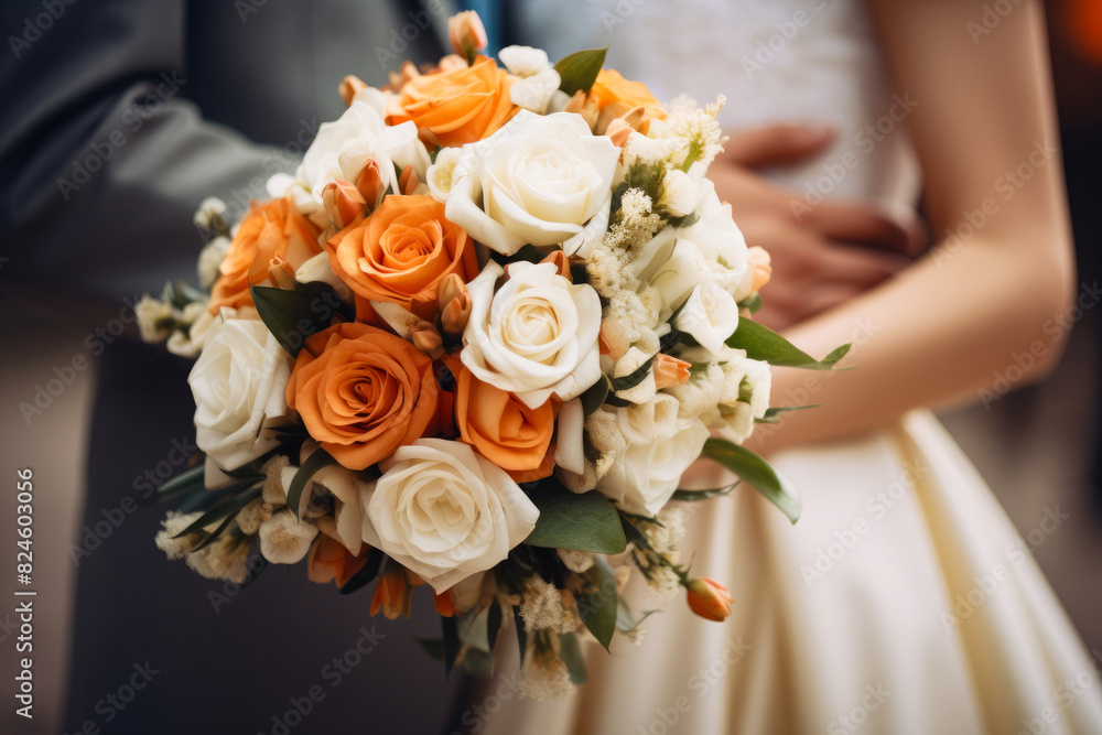 Bride holding bouquet of flowers in her hands and man in suit. Bride holding bouquet of flowers in her hands and man in suit.