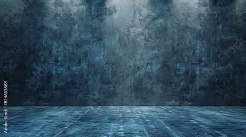 Blue grunge concrete wall and floor texture background with spotlight.