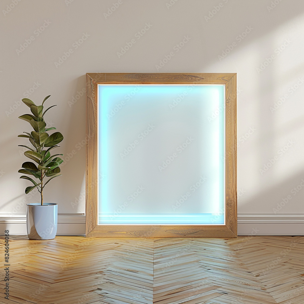 Stylish wooden frame with a sea blue light border in a clean, empty room with wooden flooring. Stylish wooden frame with a sea blue light border in a clean, empty room with wooden flooring.