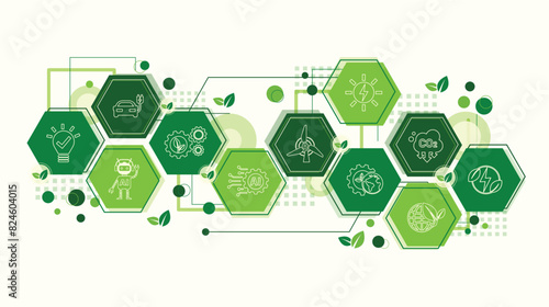The Concept of AI, Artificial Intelligence and Green Technology For Sustainability Development. Ecology Icons, Environment Vector, Eco Friendly and Green Economy. Flat Doodle Template Design.