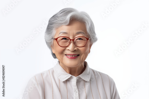 Smiling senior asian woman on white background. Topics related to old age. Asia. China. Japan. Retirement home. Grandmothers day . Retirement. Image for Graphic Designer. Senior residence. AI. © My Beautiful Picture