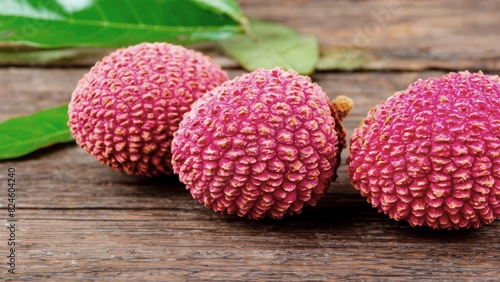 closeup of lychee on wooden background, ripe lychee