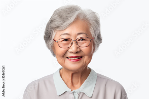 Smiling senior asian woman on white background. Topics related to old age. Asia. China. Japan. Retirement home. Grandmothers day . Retirement. Image for Graphic Designer. Senior residence. AI.